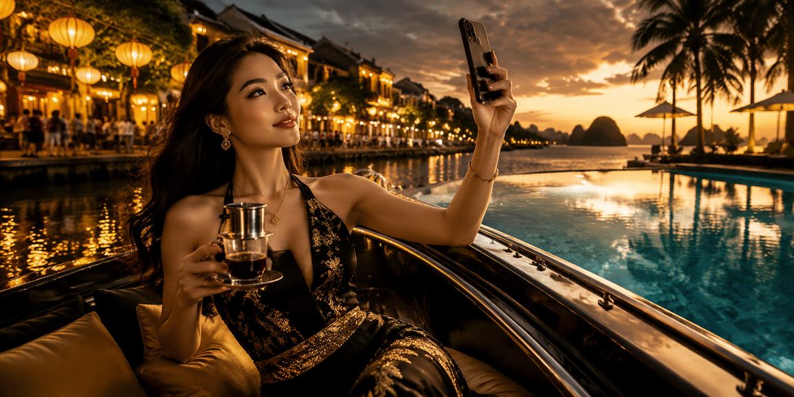 Người chơi xổ số trực tuyến tại Hội An trong quán cà phê buổi sáng