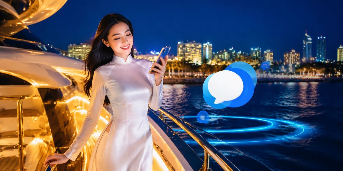 Người dùng Phan Thiết trong trang phục áo dài truy cập xổ số trực tuyến trên di động
